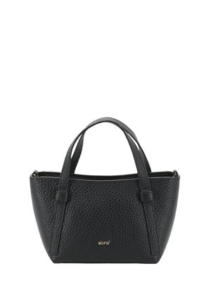 Black textured leather handbag with two handles and a small gold logo "abro" on the front center.