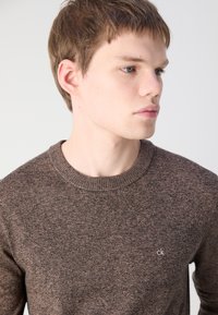 Brązowy sweter o teksturowanej powierzchni z okrągłym dekoltem, z małym białym logo na klatce piersiowej. Miękka tkanina i luźny krój.