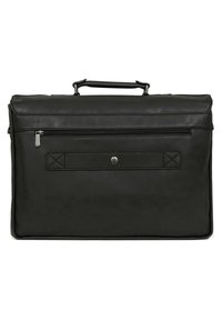 Borsa per laptop in sintetico nero con un design rettangolare strutturato, dotata di una maniglia superiore, tasca frontale con zip e chiusura a scatto.