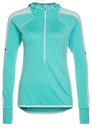 Hellblaues langärmeliges Sportshirt mit Daumenlöchern, einem Viertelreißverschluss und dezentem Strukturmuster, entwickelt für aktive Nutzung.