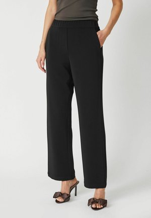 Black, high-waisted trousers made of soft fabric with a wide-leg design, featuring side pockets and a smooth texture.