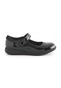 Schwarze Lackleder-Mary-Jane-Schuhe mit runder Schuhspitze, verstellbarem Riemen und gepolstertem Innenbereich; ausgestattet mit einer strukturierten Gummisohle.