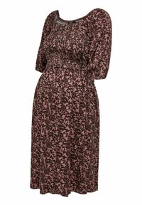 Vestido castanho com padrão floral, mangas bufantes, corpete franzido e comprimento até ao joelho. Feito de um tecido leve com uma textura suave.