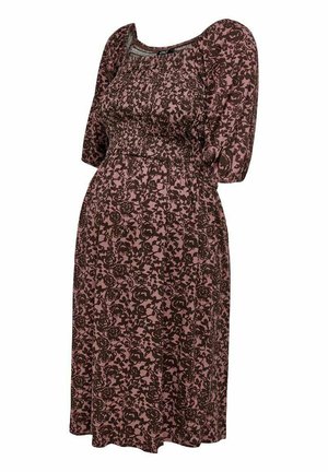 Vestido castanho com padrão floral, mangas bufantes, corpete franzido e comprimento até ao joelho. Feito de um tecido leve com uma textura suave.