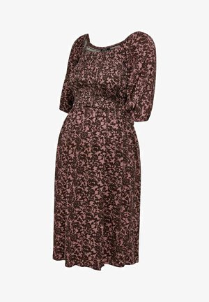 Vestido castanho com padrão floral, mangas bufantes, corpete franzido e comprimento até ao joelho. Feito de um tecido leve com uma textura suave.
