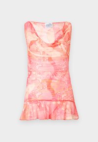 Αμάνικο φόρεμα με λαιμόκοψη cowl σε ροζ και πορτοκαλί, με εφαρμοστό μπούστο, βολάν στο τελείωμα και διάφανο, υφασμάτινο με υφή και λουλουδένια σχέδια.