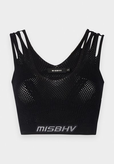 Mustmustelne crop-top, millel on võrgumängu tekstuur, laiade rihmade ja alumise osa logoribaga. Kujundatud U-kujulise kaelusega ja sobiva siluetiga.