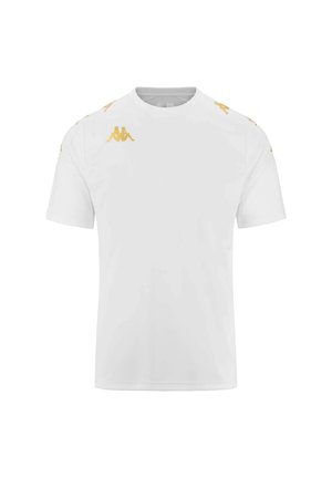 T-shirt bianca a maniche corte realizzata in morbido cotone, con accenti del logo Kappa dorato sulle spalle e scollatura a girocollo.