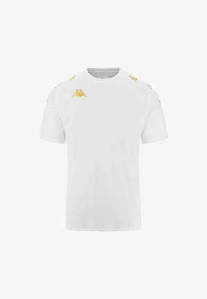 T-shirt blanc à manches courtes en coton doux, avec des accents du logo Kappa doré sur les épaules et un col rond.