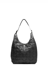 Czarna pikowana torebka na ramię z miękką, teksturowaną powierzchnią, wyposażona w pojedynczy pasek na ramię i centralne logo.