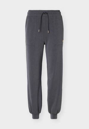 Pantalon de jogging gris foncé avec taille élastique, cordon de serrage ajustable, poches avant et poignets élastiques aux chevilles.