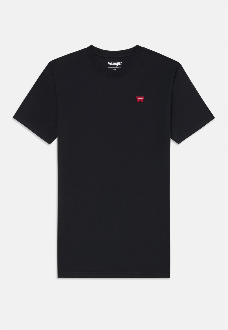 Μαύρο βαμβακερό t-shirt με κοντά μανίκια, στρογγυλή λαιμόκοψη και μικρό κόκκινο λογότυπο Wrangler στο στήθος. Λείο ύφασμα, κλασική εφαρμογή.