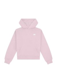 Felpa con cappuccio rosa realizzata in morbido tessuto, dotata di tasca frontale e polsini a coste. Logo bianco sul petto. Design semplice e casual.