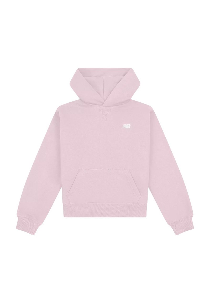Felpa con cappuccio rosa realizzata in morbido tessuto, dotata di tasca frontale e polsini a coste. Logo bianco sul petto. Design semplice e casual.