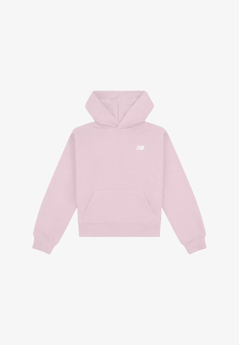 Felpa con cappuccio rosa realizzata in morbido tessuto, dotata di tasca frontale e polsini a coste. Logo bianco sul petto. Design semplice e casual.