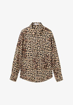 Chemise à manches longues avec un col classique, arborant un motif léopard marron et noir.