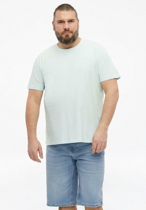 Mann mit Bart und zurückgebundenem Haar, trägt ein hellblaues T-Shirt und knielange Jeansshorts vor weißem Hintergrund.