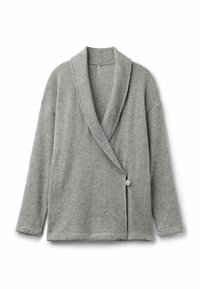 Grijze gebreide cardigan met een sjaalkraag, sluiting met knopen aan de voorkant en een ribbelstructuur. Heeft lange mouwen en een ontspannen pasvorm.