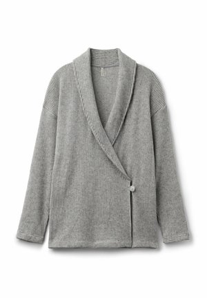 Grijze gebreide cardigan met een sjaalkraag, sluiting met knopen aan de voorkant en een ribbelstructuur. Heeft lange mouwen en een ontspannen pasvorm.