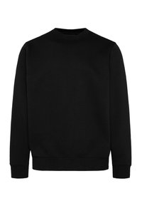 Black sweatshirt made of cotton, features a crewneck, long sleeves, ribbed cuffs, and hem. Smooth texture, simple design without patterns.
