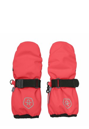 Rote wasserfeste Fäustlinge mit verstellbaren schwarzen Riemen und Logo. Weicher Stoff, runde Form, elastische Bündchen für einen sicheren Sitz.