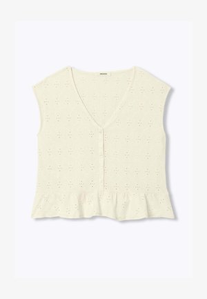 Crop top crème sans manches avec col en V, patte de boutonnage à l'avant, tissu ajouré et ourlet à volants.