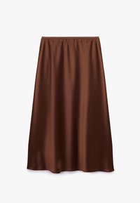 Bruine satijnen rok met een zachte textuur, tot de knie, met een elastische tailleband voor comfort en een vloeiende, A-lijn silhouet.