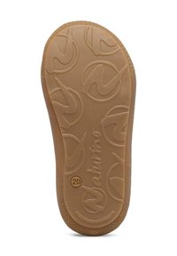 Světlá hnědá podrážka dětské boty s texturovaným gripem, vzory loga a viditelnou velikostí číslo 20.