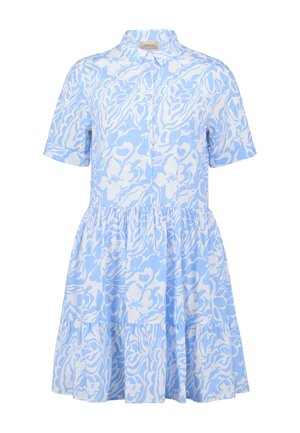 Kurzärmliges Kleid in Hellblau mit weißem Blumenmuster, Knopfverschluss vorne und einem gestuften, gerafften Rockdesign.