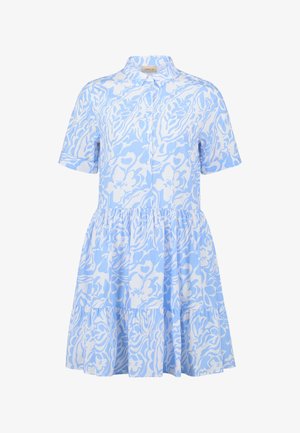 Sukienka z krótkim rękawem w jasnoniebieskim kolorze z białym kwiatowym wzorem, z guziczkami z przodu oraz warstwowym, marszczonym fasonem spódnicy.