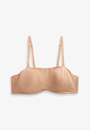 Sostenedor sin tirantes en color beige con copas moldeadas y tirantes ajustables, hecho de una tela suave. Diseño sin costuras sin hardware o acentos visibles.
