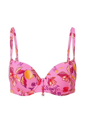 Sostenitore rosa con motivo floreale, dotato di coppe preformate, spalline regolabili e un dettaglio a fiocco al centro davanti. Realizzato in un tessuto strutturato.