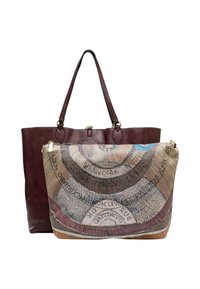 Borsa tote in pelle marrone con due manici, dotata di una pochette removibile con motivo in colori tenui e testo. Texture liscia con dettagli in oro.