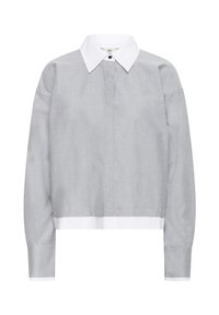 Cămașă gri cu mânecă lungă, cu guler alb ascuțit, placă de buton ascunsă și detalii albe la manșete și tiv.