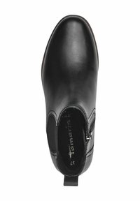 Black leather ankle boot with a smooth texture, side zipper, elastic panel, and brown sole. Rounded toe and minimal stitching details.