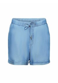 Shorts di denim azzurro chiaro con un'elasticità in vita, dettaglio con coulisse e orli risvoltati. Texture liscia con una leggera lucentezza.