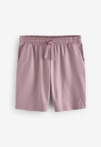Pantalones cortos de algodón de color rosa claro con cintura elástica, cordón, bolsillos laterales y un logo sutil en la parte inferior de la pierna izquierda. Textura suave.