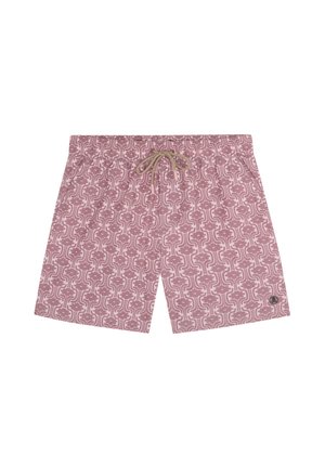 Pantalones cortos rosas con un estampado floral abstracto, cintura elástica y cordón beige.