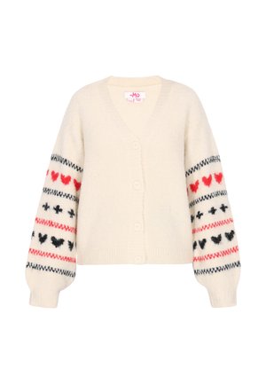 Crème-kleurige cardigan met een v-hals, vijf knopen en oversized mouwen. De mouwen zijn versierd met een rood en zwart hartpatroon op een witte achtergrond.