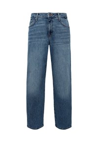 Light blue denim jeans with a straight cut, five-pocket design, and a button-up fly. Features fading on thighs and hem.