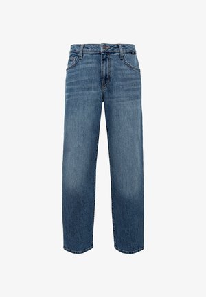 Light blue denim jeans with a straight cut, five-pocket design, and a button-up fly. Features fading on thighs and hem.