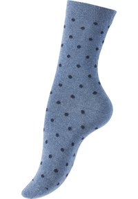 Calza di cotone blu con pois blu scuro, caratterizzata da una consistenza morbida e da un alto risvolto, progettata con una punta affusolata per una vestibilità sicura.