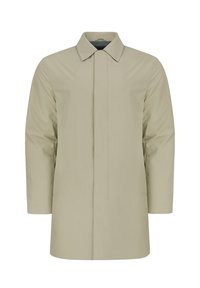 Jasno beżowy płaszcz przeciwdeszczowy z kołnierzykiem, długimi rękawami i prostym krojem. Posiada minimalistyczny design i gładką, wodoodporną teksturę.