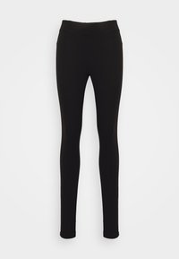Leggings noirs en matériau lisse et extensible. Taille haute avec des accents texturés subtils à la taille et une silhouette ajustée.
