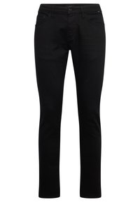 Black jeans made of denim, featuring a slim fit, five pockets, front zipper, and metal hardware. Smooth texture with minimal detailing.