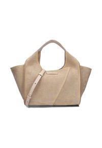 Beige suède tas met een hoekig ontwerp, contrasterende gele stiksels, dubbele handgrepen en een afneembare schouderriem. Gladde, gestructureerde afwerking.