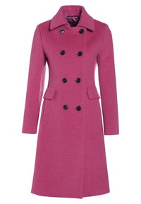 Roze wollen peacoat met een dubbelgebreide voorkant, zwarte knopen, grote kraag, zijzakken en een getailleerd silhouet.