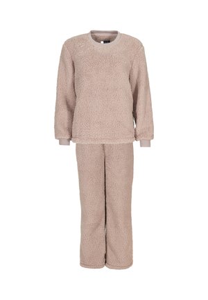 Fleece loungewear sæt i lys beige, der indeholder en t-shirt med rund hals og matchende bukser med en blød, struktureret overflade og ribbede manchetter.