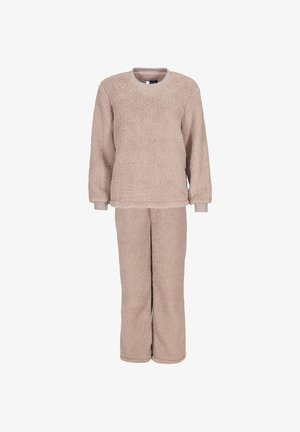 Fleece-Loungewear-Set in hellem Beige, bestehend aus einem Crewneck-Sweatshirt und passenden Hosen mit einer weichen, strukturierten Oberfläche und gerippten Bündchen.