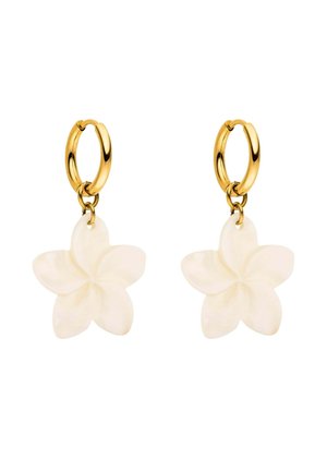 Gold hoop earrings with white five-petal flower-shaped pendants hanging from each hoop.
